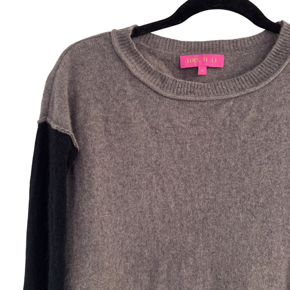 Me. N. U Womens Gray/Black 100% Cashmere Long Sleeve Sweater Crew Neck Top S - Picture 3 of 6